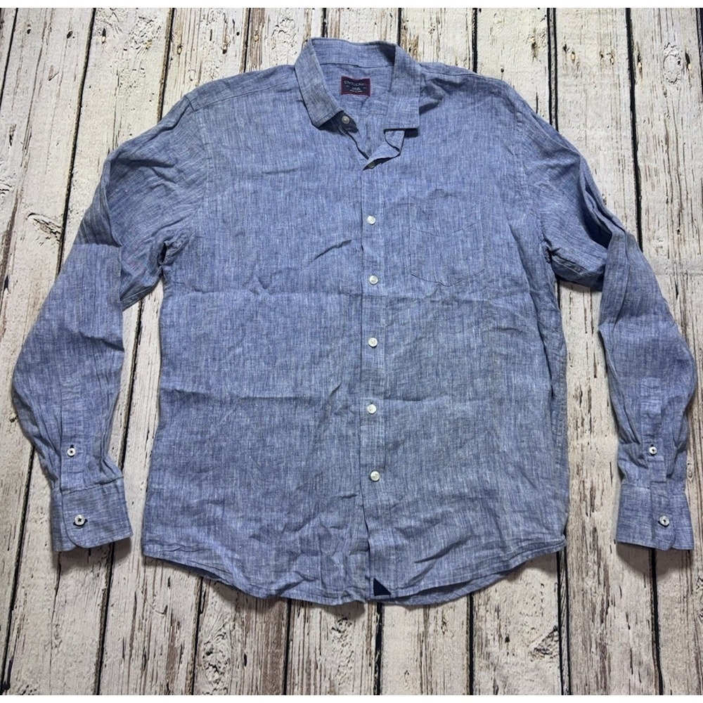 Untuckit Shirt Large Mens Blue 100% Linen Long Sleeve Button Up Chambray